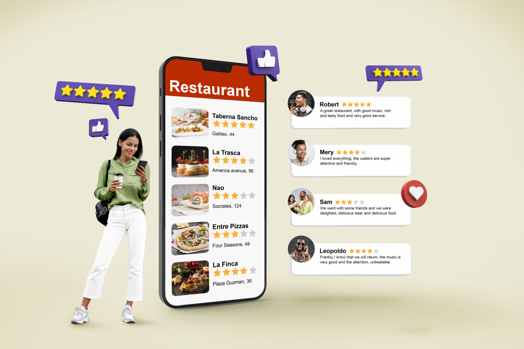 Customer using a smartphone for online reviews
